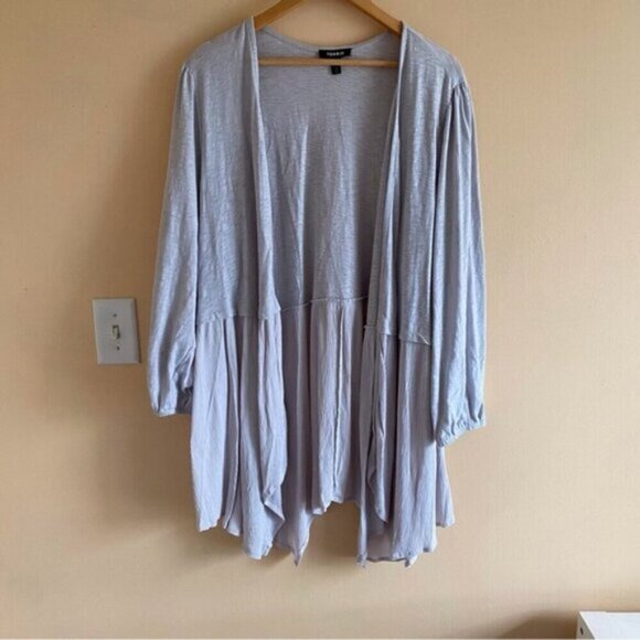 Torrid 2022 Fabric Mixed Hanky Hem Kimono Size 3X In Stone Open Long Line Rayon - Picture 2 of 16